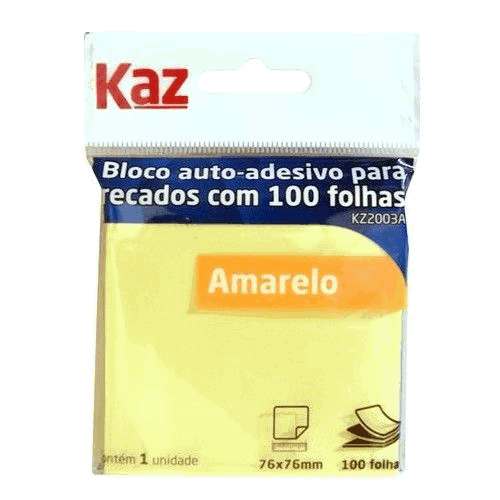 Bloco Auto Adesivo Amarelo Kaz 76mmx76mm - Pct. com 100 folhas