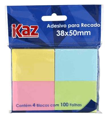 Bloco Auto Adesivo Colorido Kaz 38mmx50mm - Pct com 4x100 folhas