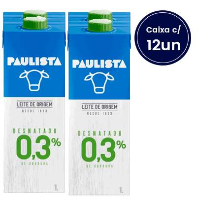 Leite UHT Desnatado Paulista 1 Litro - Caixa com 12 Unidades